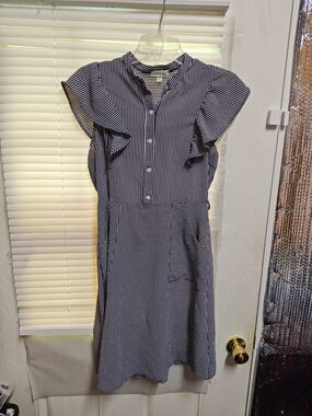 Monteau Los Angeles Striped Cap Sleeve Dress With Ruffled Shoulder